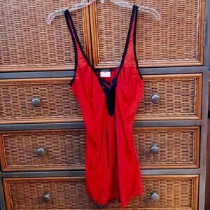 🔥Secret Treasures Sexy Sheer Red Babydoll Chemise Satin Ribbon Front Black Lace